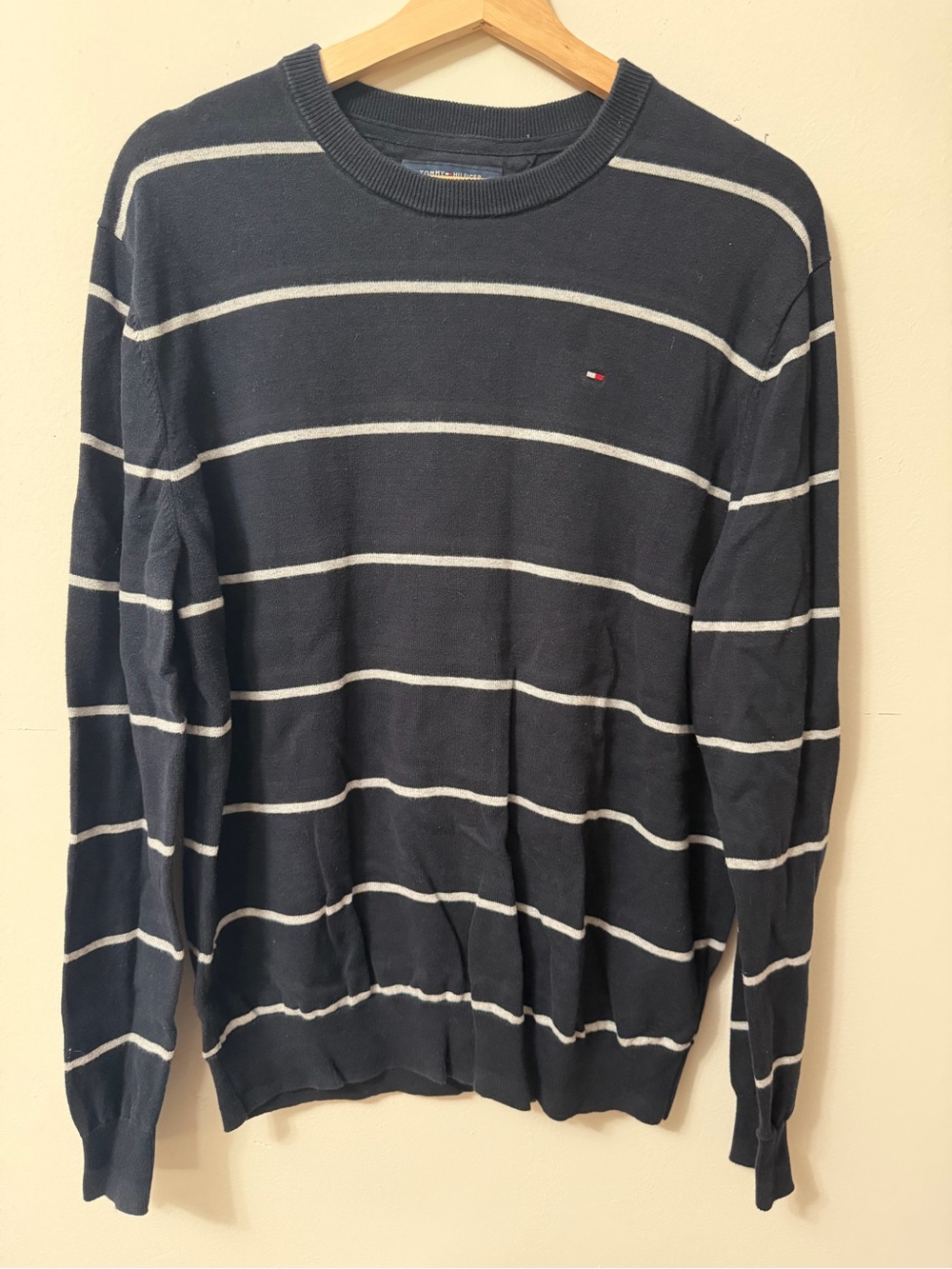 Tommy Hilfiger Navy and White Striped Crewneck Sweater